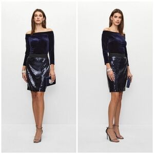 NWT Sequin Plus Size 14 Dark Blue Pull-On Pensil Dressy Party Holiday Skirt